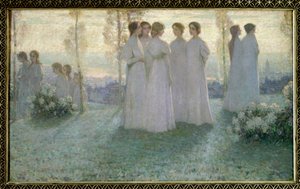 日曜日に、白い服を着た女性が庭で話をしている - Henri Eugene (Henri-Eugene) Le Sidaner (1862-1939)の絵画