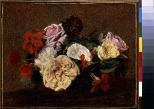 バラとナスタチウムを花瓶に。 アンリ ファンタン ラトゥール (ファンタン ラトゥール) の絵画 作： Ignace Henri Jean Fantin Latour
