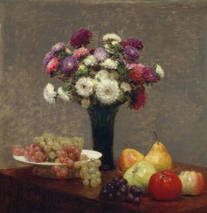 テーブル上のアスターとフルーツ、1868年。 作： Ignace Henri Jean Fantin Latour