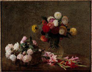 バスケットに入ったダリアとバラの花 アンリ・ファンタン・ラトゥール（Fantin-Latour）の絵画 作： Ignace Henri Jean Fantin Latour