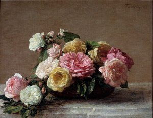 カップの中のバラの花 アンリ・ファンタン・ラトゥール（Fantin-Latour）の絵画 作： Ignace Henri Jean Fantin Latour