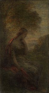 「秋」と呼ばれる夕暮れの木の下の若い女性