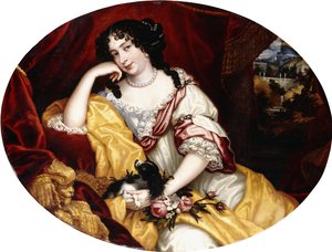 開いた窓の前に犬がいる、長さ4分の3の女性の肖像画。 作： Henri Gascar