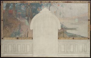 アスニエール市庁舎のスケッチ：春。アズニエールのセーヌ川、1900年頃（油彩、インク、キャンバス） 作： Henri Gaston Darien