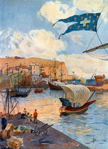 Vista da cidade de Dieppe na Normandia na época do explorador francês Jean Cousin, final do século XV Ilustração de Gaston Henry Darien (1864-1926) de “Notre epopee coloniale” de Pierre Legendre 作： Henri Gaston Darien