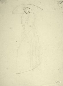 大きな帽子をかぶった女性の立ち姿（紙に黒チョーク） 作： Henri Gaudier Brzeska