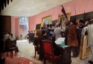 1883年のサロン・デ・アーティスト・フランセの絵画審査会（パレ・ド・ランデュストリ） 帽子をかぶった男性グループ（ドゥエズ、ピレ、フランセ、ボナ、ロベール＝フルーリー、J.P.ローランス、バリヤス、ヴォロン、ヘナー、ブグロー、カバネル、ラパン、ギユメ）。 作： Henri Gervex