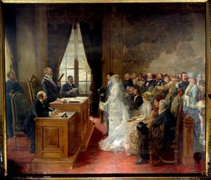 1881年、パリ市庁舎で行われたマチュラン・モローの市民婚。アンリ・ジェルベックス（1852-1929）による絵画