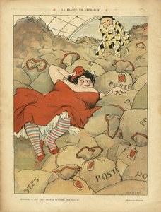 Le Rire、03/04/09 - La France en lethargie - Social, Greve, Courier La Poste Postal - Clemenceau George、Marianne の Henri Gousse (1872-1914) のイラスト 作： Henri Gousse