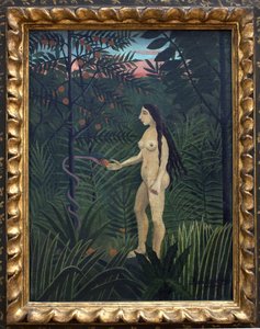 地上の楽園のイヴ。アンリ・ルソー（Henri Rousseau dit le Douanier Rousseau, 1844-1910）の絵画、油彩・キャンバス、1906-1907年頃。フランス美術、20世紀、ナイーフ・アート。ドイツ、ハンブルグのクンストハレ。 作： Henri J.F. Rousseau