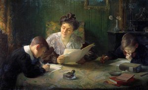 宿題 母親は子供たちが宿題をするのを手伝います。 アンリ・ジャメ (1858-1940) の絵画 20 世紀のオルレアン、ボザール美術館 作： Henri Jamet