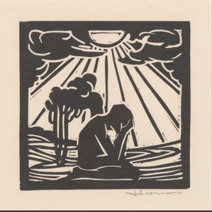 木々のある風景の中でひざまずく人物 作： Henri Jonas (signed by artist)