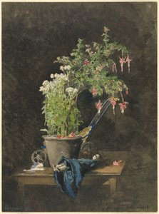 子供のおもちゃと鉢植えのフクシア 作： Henri Joseph Harpignies