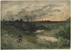 夜明け-犬と一緒のハンター、1882年。 作： Henri Joseph Harpignies