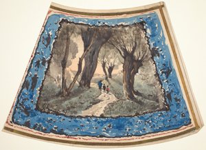 気まぐれな人物とサルの境界線を持つ樹木が茂った小道を旅する人 作： Henri Joseph Harpignies