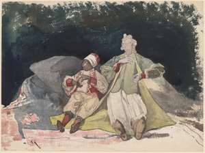 クッションの上に座っている 2 つの人形またはパペット 作： Henri Joseph Harpignies