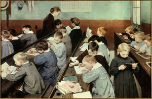 教室で、小さな子供たちの仕事。スクールブラウスを着た若い男の子たちが教室で勉強しています。ある人は本を読み、ある人はノートやスレートに書き込んでいます。ジャン・アンリ・ジュール・ディ・ジェオフロイ（1853-1924）の絵画 作： Henri Jules Jean Geoffroy