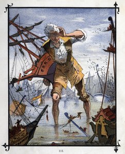 リリパットとブレフスクの船の海戦の中心にいるレミュエル・ガリバー（Lemuel Gulliver）。ジョナサン・スウィフト（1667〜1745）の『ガリバー旅行記』の挿絵 作： Henri Jules Jean Geoffroy