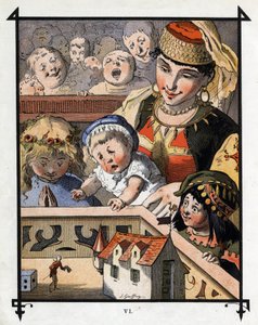 ブロブディンナグの巨人の国にいるレミュエル・ガリバーは、子供たちにとって好奇心の強い存在です。ジョナサン・スウィフト（1667-1745）の『ガリバー旅行記』の挿絵。 作： Henri Jules Jean Geoffroy