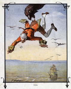 鷲に連れ去られるレミュエル・ガリバー（Lemuel Gulliver）。ジョナサン・スウィフト（1667-1745）の『ガリバー旅行記』の挿絵 作： Henri Jules Jean Geoffroy