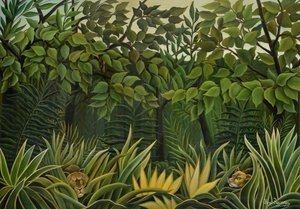 ジャングルの展望台に立つ 2 頭のライオン、1909～1910 年。 作： Henri Julien Félix Rousseau