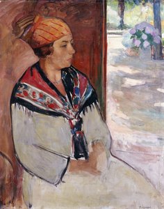 Prefaillesでのバンダナの女性。ファムオーマドラスアプレフェイルズ、1922 作： Henri Lebasque