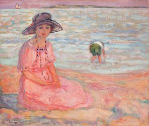 海辺のピンクのドレスを着た女性。海沿いのピンクのドレスを着た女性、1920年頃 作： Henri Lebasque