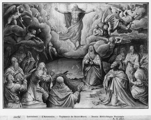 キリストの生涯、昇天、パリのサン=メッリ教会のためのタペストリー漫画の準備研究、1585-90年（紙の上のピエールノワールと白と白のハイライト） 作： Henri Lerambert