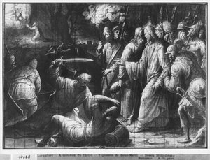 キリストの生涯、キリストの逮捕、パリのサンメリ教会のタペストリー漫画の準備研究、1585-90年（紙のピエールノワールと白と白のハイライト）