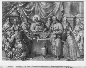 『最後の晩餐』のキリストの生涯、パリのサンメリ教会のタペストリー漫画の準備研究、1585-90年（紙のピエールノワールと白と白のハイライト）