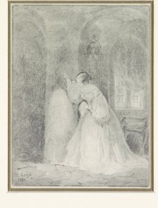 柱にもたれて若い女性とインテリア 作： Henri Leys (baron)