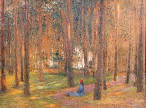 森の中で座っているウォーカー」1890年頃（板に油彩 作： Henri Martin
