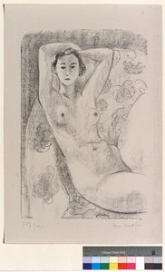 花柄の模様が施されたアームチェアに裸で座っている 作： Henri Matisse
