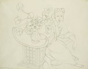 チューリップの花瓶を持つ座った女性 作： アンリ・マティス