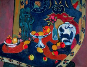 果物とブロンズ像の静物画