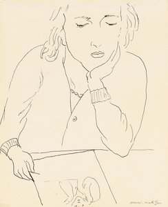 読書する女性（紙にペンとインク）