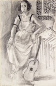 ギターを抱く女 1921-23年頃 木炭・紙