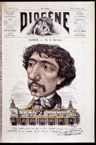シャルル・ガルニエがオペラ・ガルニエの仕事場に座っている様子を描いた漫画（1867年11月2日付「ディオゲネス」掲載