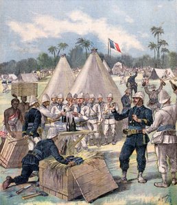 1892年にアフリカのダホメで新年のギフトボックスを開くフランスの兵士 作： Henri Meyer