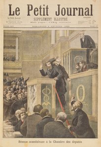 下院のスキャンダラスな会議を描いたタイトルページ：ドレイファス事件に関する討論中にベルニスに襲われたジャンジョレス、図解されたルプティジュの補足からのイラスト 作： Henri Meyer