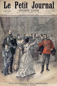 1893年、サンクトペテルブルクのモンテベロ伯爵フランス大使のもとにいる皇帝アレクサンドル3世。オナーの格子。1893年の「ル・プチ・ジャーナル」の表紙（エングレービング 作： Henri Meyer