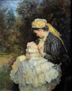 赤ちゃんをあやす看護師 アンリ・ミシェル・レヴィ（1844-1914）の絵画。