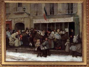1870年パリ包囲戦の市立食堂 プロイセンによるパリ包囲戦の際、市立食堂の前で賑わうパリ市民。アンリ・ピーユ（1844-1897）の作品 作： Henri Pille