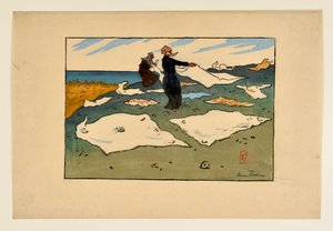 洗濯物を干す女性（サン＝ブリアック） 作： アンリ・リヴィエール