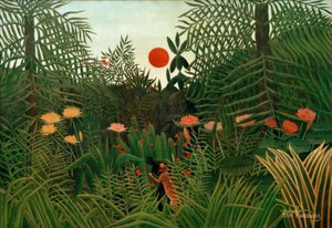 夕暮れ時の原生林。 ヒョウに襲われるブラック 作： Henri Rousseau