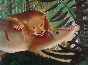 空腹のライオンがカモシカに襲いかかる 作： Henri Rousseau