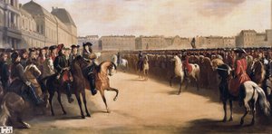 ロシア皇帝ピョートル1世（1672-1725）が摂政のオルレアン公フィリップ2世（1674-1723）を伴ってフランスを訪問した際、1717年6月16日にチュイルリー（パリ）で騎馬軍団を閲兵した際の様子。 作： Henri Serrur
