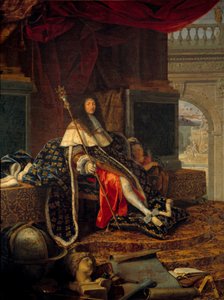 ルイ14世（1638 - 1715）フランス王、王立絵画・彫刻アカデミーの保護者、シャルル5世（シャルルマーニュの父）の笏を持つ肖像。アンリ・テステリン（1616-1695）による絵画 作： Henri Testelin