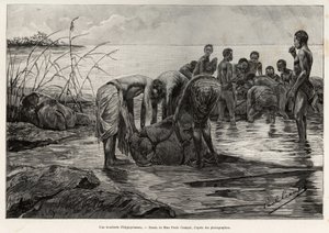 中央アフリカの川岸にあるカバの精肉店。アルベール・ネブウト（1862-1939）が1890年に発表した物語 "La mission Crampel "をアンリ・ティリアが描いたもので、エドゥアール・シャルトン（1807-1891）が監督した『Le tour du Monde 1892』に収録されています。