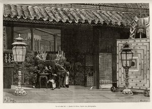 ドンカン王（1864-1889）アンナムの皇帝、フエ（ベトナム）の帝都にある家。1885年にCharles Edouard Hocquard（1853-1911）が発表した「Trente mois au Tonkin」をThiriatが描いたもので、Le tour du monde, nouveau journal de